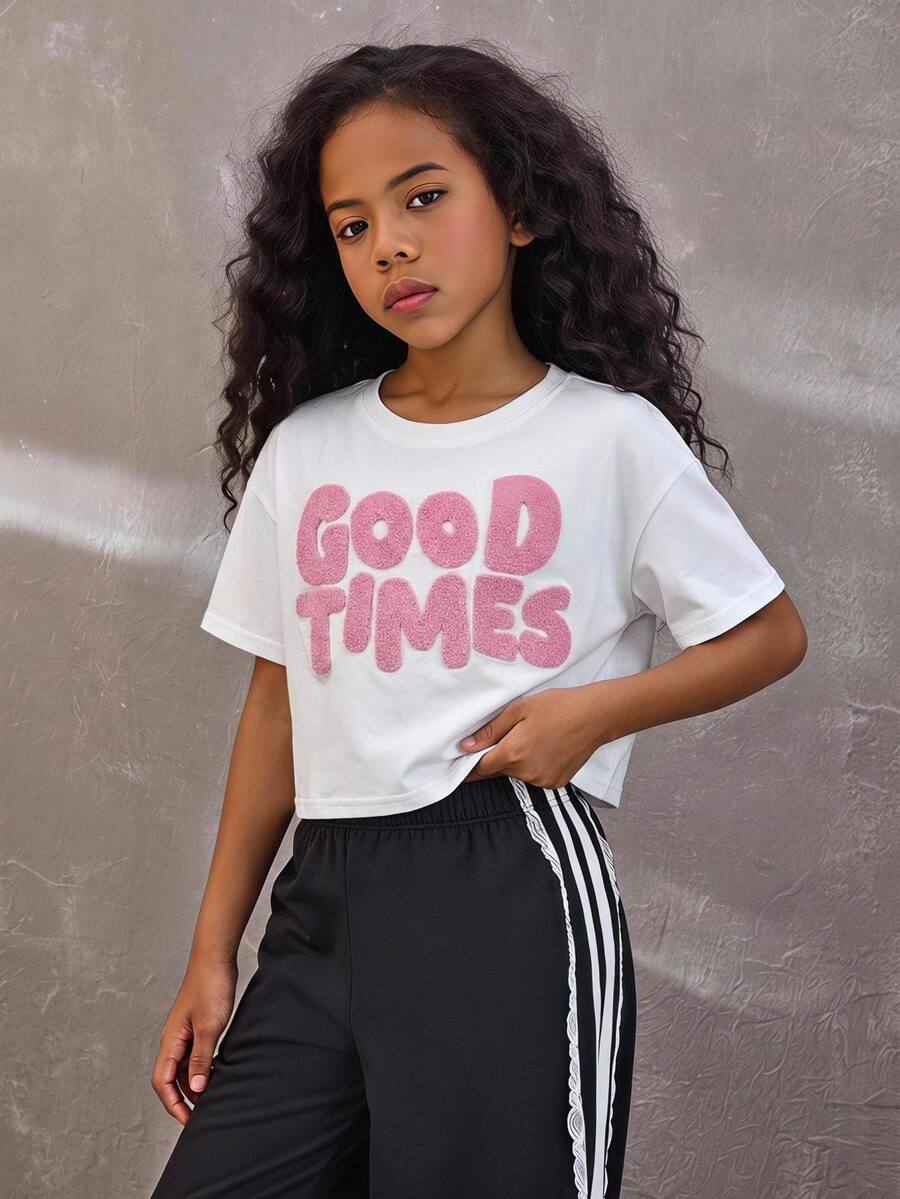 SHEIN Pink Terry Cloth Embroidered Letter Pattern Round Neck Short-Sleeved Cropped T-Shirt For Girls' Summer Street Casual Wear,Parent-Child Clothing - White - View 1