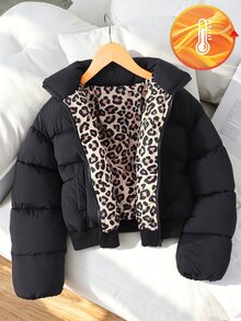 SHEIN 青少年女孩長袖抓絨休閒連帽加厚外套,豹紋內裡,口袋與拉鍊設計,寬鬆版型,舒適適合秋冬穿著 - 黑色 - 查看 3