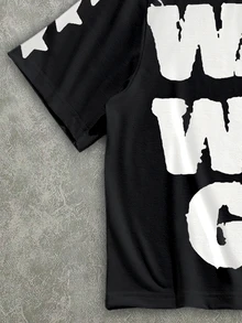 Manfinity Roghcode Men's Street Letter Print Short Sleeve Cropped Loose T-Shirt - Black - View 2