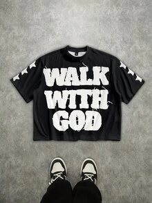 Manfinity Roghcode Men's Street Letter Print Short Sleeve Cropped Loose T-Shirt - Black - View 1