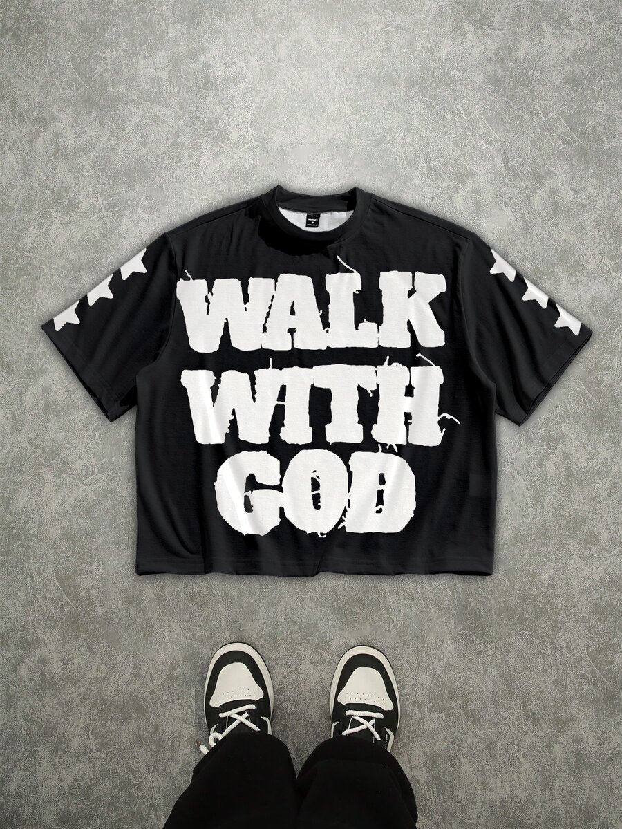 Manfinity Roghcode Men's Street Letter Print Short Sleeve Cropped Loose T-Shirt - Black - View 1