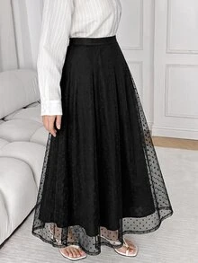 Solavon Women's Mesh Patchwork Casual French Elegant Versatile Daily Wear Skirt Commuter Date Autumn Black Polka Dot - Black - View 6