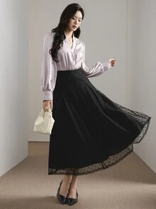 Solavon Women's Mesh Patchwork Casual French Elegant Versatile Daily Wear Skirt Commuter Date Autumn Black Polka Dot - Black - View 8