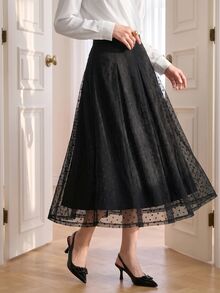 Solavon Women's Mesh Patchwork Casual French Elegant Versatile Daily Wear Skirt Commuter Date Autumn Black Polka Dot - Black - View 10