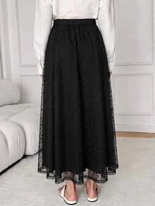 Solavon Women's Mesh Patchwork Casual French Elegant Versatile Daily Wear Skirt Commuter Date Autumn Black Polka Dot - Black - View 2