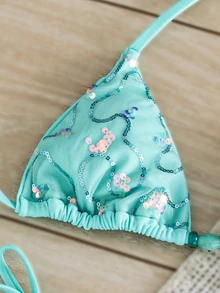 Costavie Swim Vcay 奢華優雅性感熱帶亮片比基尼兩件套 海灘派對 藍綠色 夏季 - 藍色 - 查看 6
