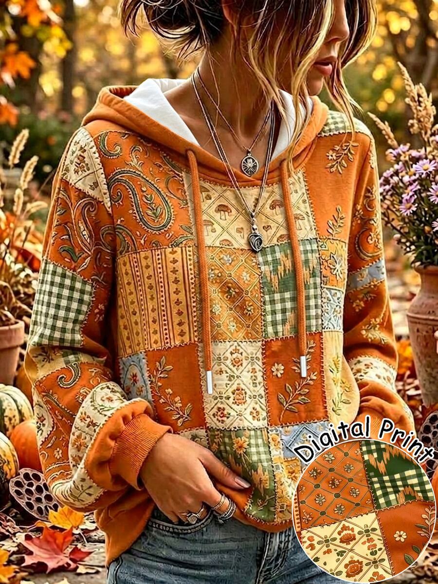 Selamara 女款秋季波希米亞風連帽衛衣,花卉格紋圖案印花休閒套頭運動衫 - 彩色 - 查看 1