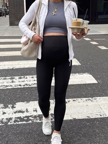 SHEIN Maternity Solid Color Casual Maternity Smart Daily Photoshoot Wear Sports Long Pants Black Autumn - Black - View 11