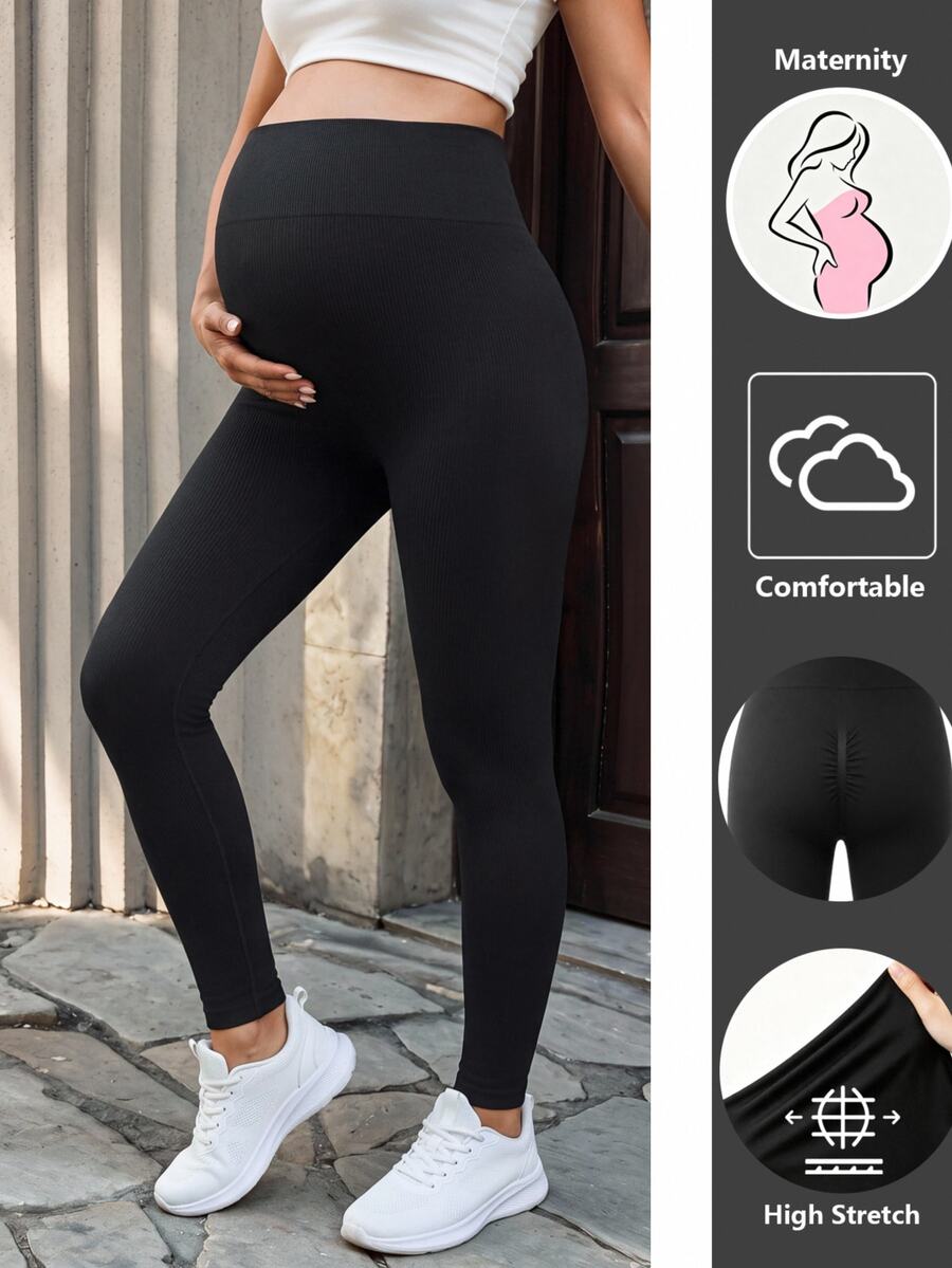 SHEIN Maternity Solid Color Casual Maternity Smart Daily Photoshoot Wear Sports Long Pants Black Autumn - Black - View 1