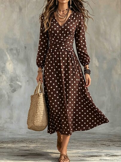 SHEIN Damen Braun und Weiß Polka Dot Herbst Lässig Boho Urlaub Langarm Kleid Kreuz Taille Französisch Tiefer V-Ausschnitt Vintage Gerafft Puff Schlankmachend Strand Brunch