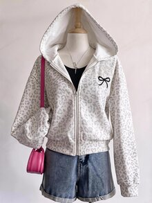 SHEIN 青少年女孩秋季淺灰色豹紋蝴蝶結運動外套，可愛休閒日常運動風 - 淺灰色 - 查看 6