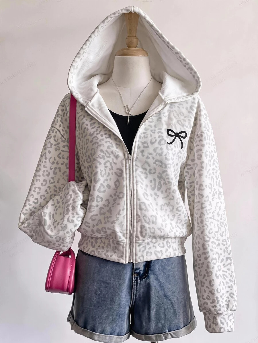 SHEIN 青少年女孩秋季淺灰色豹紋蝴蝶結運動衫 冬季外套 可愛休閒日常運動 - 淺灰色 - 查看 1