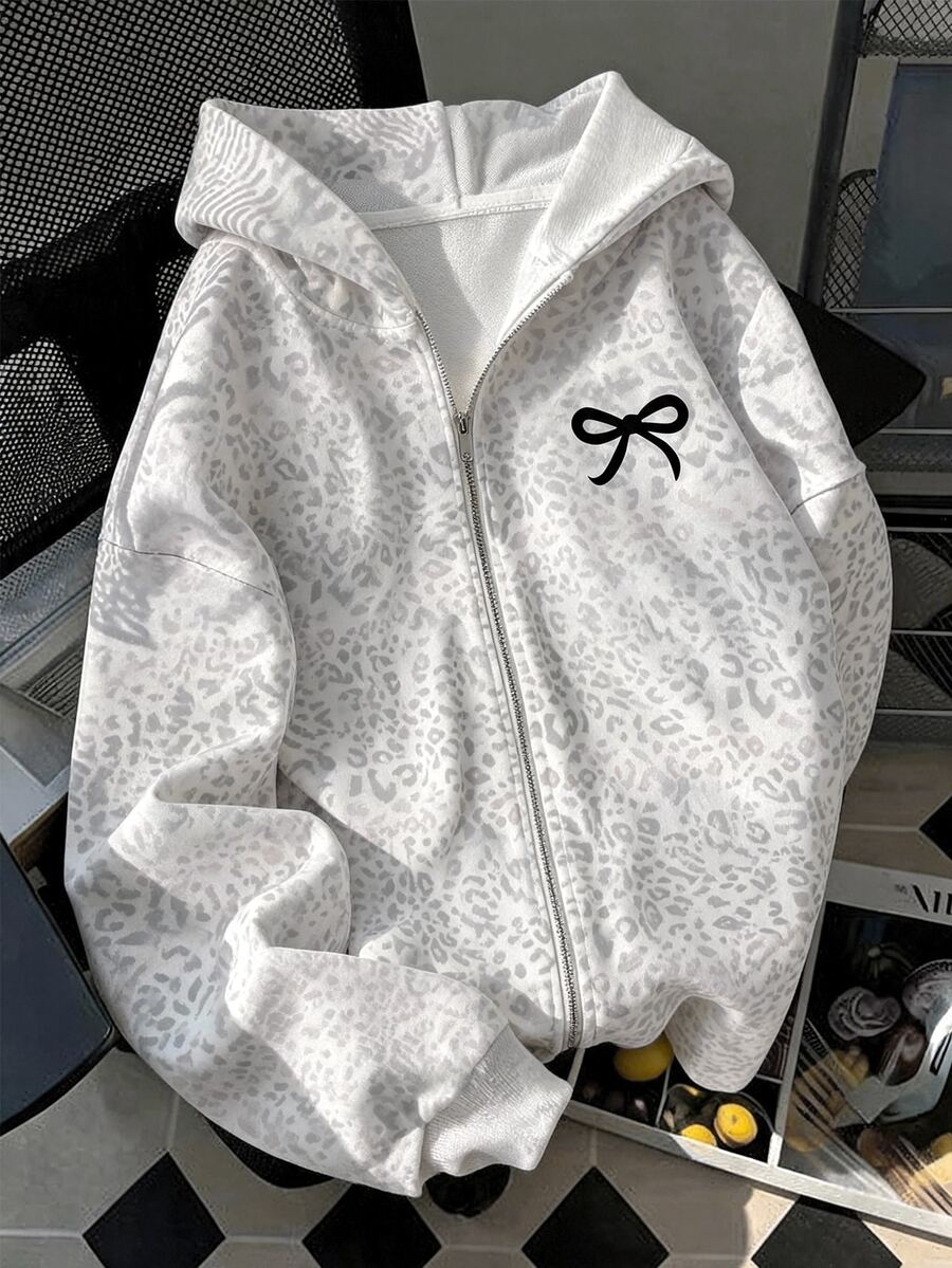 SHEIN 青少年女孩秋季淺灰色豹紋蝴蝶結運動外套,可愛休閒日常運動風 - 淺灰色 - 查看 1