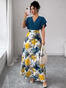 Elenzga Women's Elegant Colorful Floral Crossover Neck Ruffle Cap Sleeve Fitted Flared Dress, Spring/Summer - Multicolor - View 7