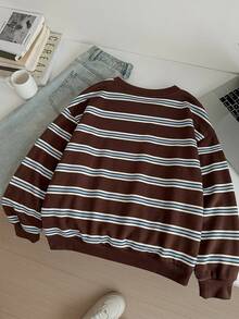 Tween Girl Casual Retro Sports College Style Coffee Striped Minimalist Loose Thickened Round Neck Comfortable Long Sleeve Sweatshirt Suitable For Autumn/Winter Daily Wear - Multicolor - View 2