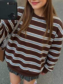 Tween Girl Casual Retro Sports College Style Coffee Striped Minimalist Loose Thickened Round Neck Comfortable Long Sleeve Sweatshirt Suitable For Autumn/Winter Daily Wear - Multicolor - View 4