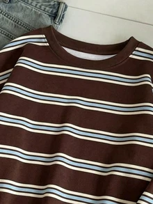 Tween Girl Casual Retro Sports College Style Coffee Striped Minimalist Loose Thickened Round Neck Comfortable Long Sleeve Sweatshirt Suitable For Autumn/Winter Daily Wear - Multicolor - View 5
