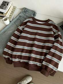 Tween Girl Casual Retro Sports College Style Coffee Striped Minimalist Loose Thickened Round Neck Comfortable Long Sleeve Sweatshirt Suitable For Autumn/Winter Daily Wear - Multicolor - View 3