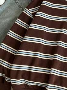 Tween Girl Casual Retro Sports College Style Coffee Striped Minimalist Loose Thickened Round Neck Comfortable Long Sleeve Sweatshirt Suitable For Autumn/Winter Daily Wear - Multicolor - View 7