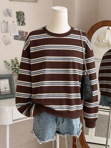Tween Girl Casual Retro Sports College Style Coffee Striped Minimalist Loose Thickened Round Neck Comfortable Long Sleeve Sweatshirt Suitable For Autumn/Winter Daily Wear - Multicolor - View 8