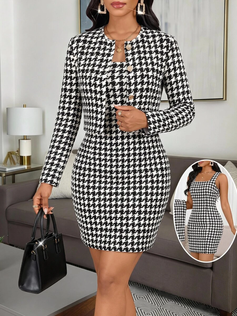 SHEIN Lady 女款千鳥格洋裝與開襟衫休閒日常兩件套,女款休閒套裝,女款上班穿搭,女款教堂穿搭 - 黑色 - 查看 1