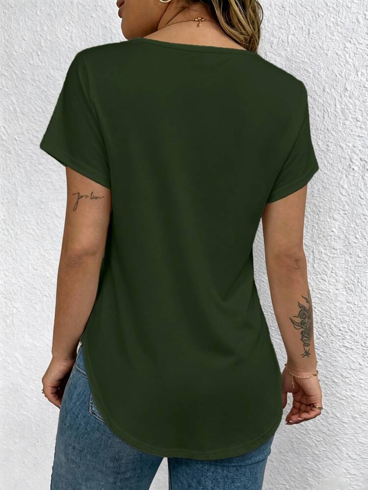 Selamara Regular Women's Solid Color V-Neck Short-Sleeved Casual T-Shirt - Army Green - View 2
