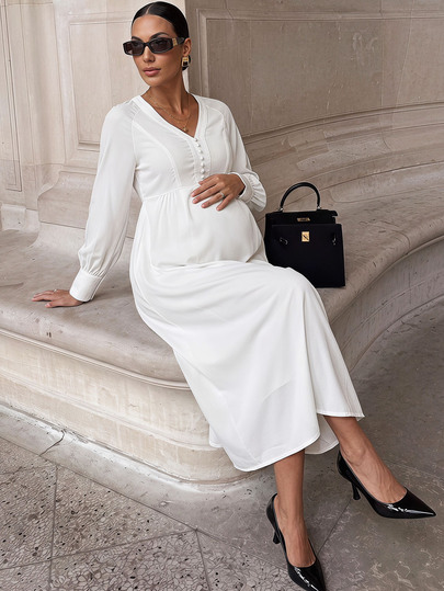 MaterniWear Maternity Solid Color V-Neck Button Design Raglan Long Sleeve Elegant Dress Fall