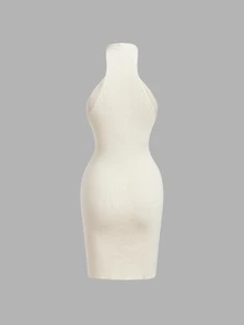 SHEIN MOD 女款奶油白羅紋針織掛脖貼身迷你洋裝，金屬環飾設計，羊毛面料，早秋日常時尚，適合早午餐、派對，性感風格 - 杏色 - 查看 3