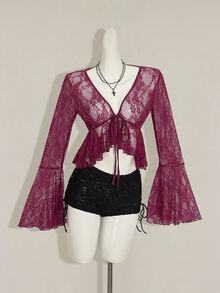 SHEIN ICON 女款V領酒紅色蕾絲喇叭袖半透上衣 - 酒紅色 - 查看 3