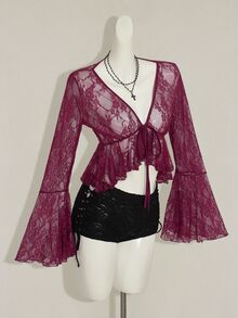 SHEIN ICON 女款V領酒紅色蕾絲喇叭袖半透上衣 - 酒紅色 - 查看 6