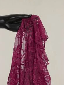 SHEIN ICON 女款V領酒紅色蕾絲喇叭袖半透上衣 - 酒紅色 - 查看 11