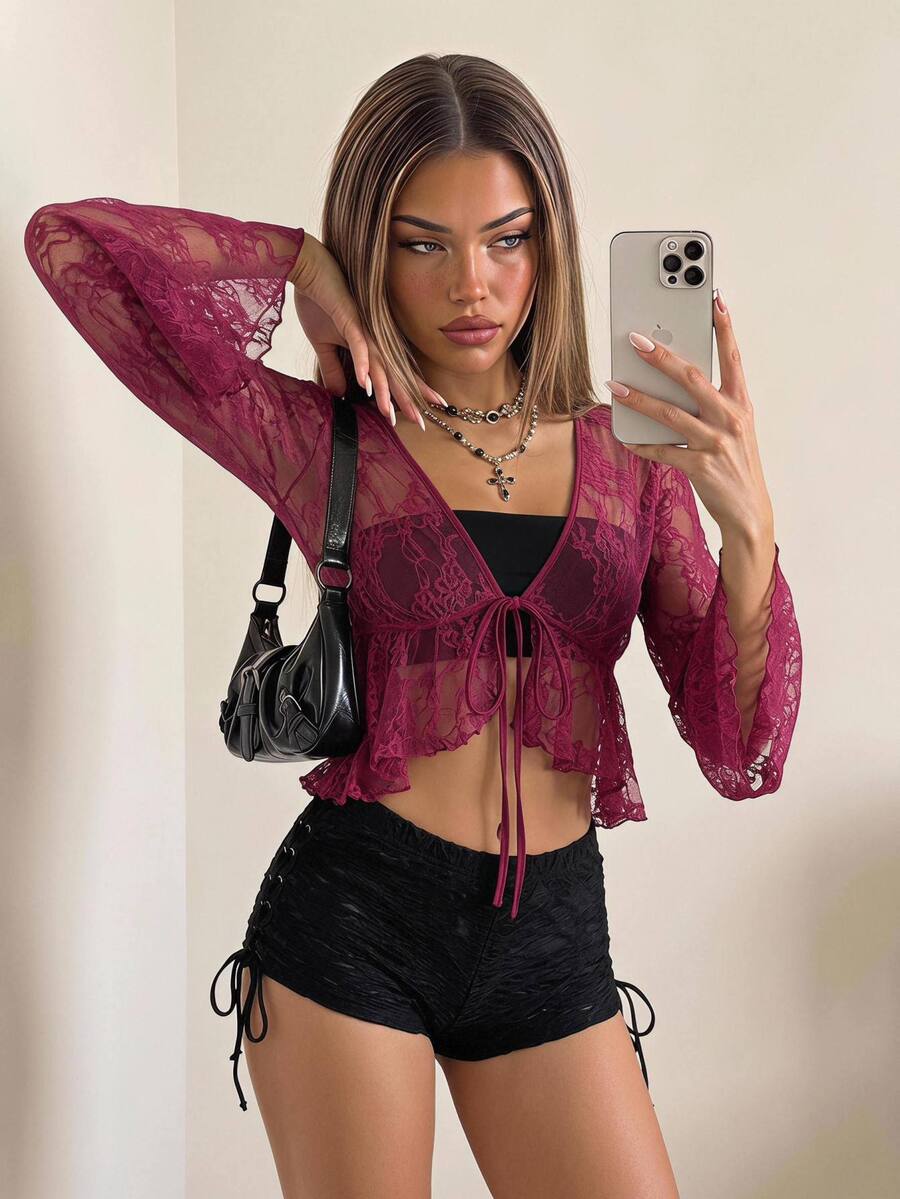 SHEIN ICON 女款V領酒紅色蕾絲喇叭袖半透上衣 - 酒紅色 - 查看 1