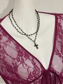 SHEIN ICON 女款V領酒紅色蕾絲喇叭袖半透上衣 - 酒紅色 - 查看 7
