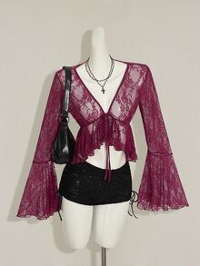 SHEIN ICON 女款V領酒紅色蕾絲喇叭袖半透上衣 - 酒紅色 - 查看 4