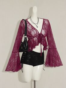 SHEIN ICON 女款V領酒紅色蕾絲喇叭袖半透上衣 - 酒紅色 - 查看 5