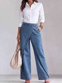Everyssa Casual High Waist Blue Daily Stretchy Washed Comfortable Flattering Wear Versatile Jeans For Women - Blue - View 3