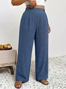 SHEIN Frenchy Plus High Waist Plicated Detail Pants Fall - Blue - View 5