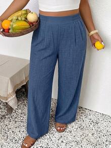 SHEIN Frenchy Plus High Waist Plicated Detail Pants Fall - Blue - View 1