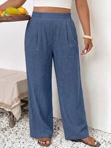 SHEIN Frenchy Plus High Waist Plicated Detail Pants Fall - Blue - View 3