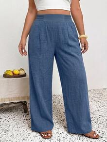 SHEIN Frenchy Plus High Waist Plicated Detail Pants Fall - Blue - View 4