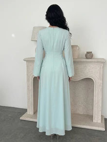 Yasmyna 女士春夏绿色梭织长袖印花荷叶边领优雅浪漫阿拉伯连衣裙 - 綠色 - 查看 2