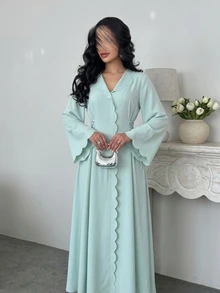 Yasmyna 女士春夏绿色梭织长袖印花荷叶边领优雅浪漫阿拉伯连衣裙 - 綠色 - 查看 4