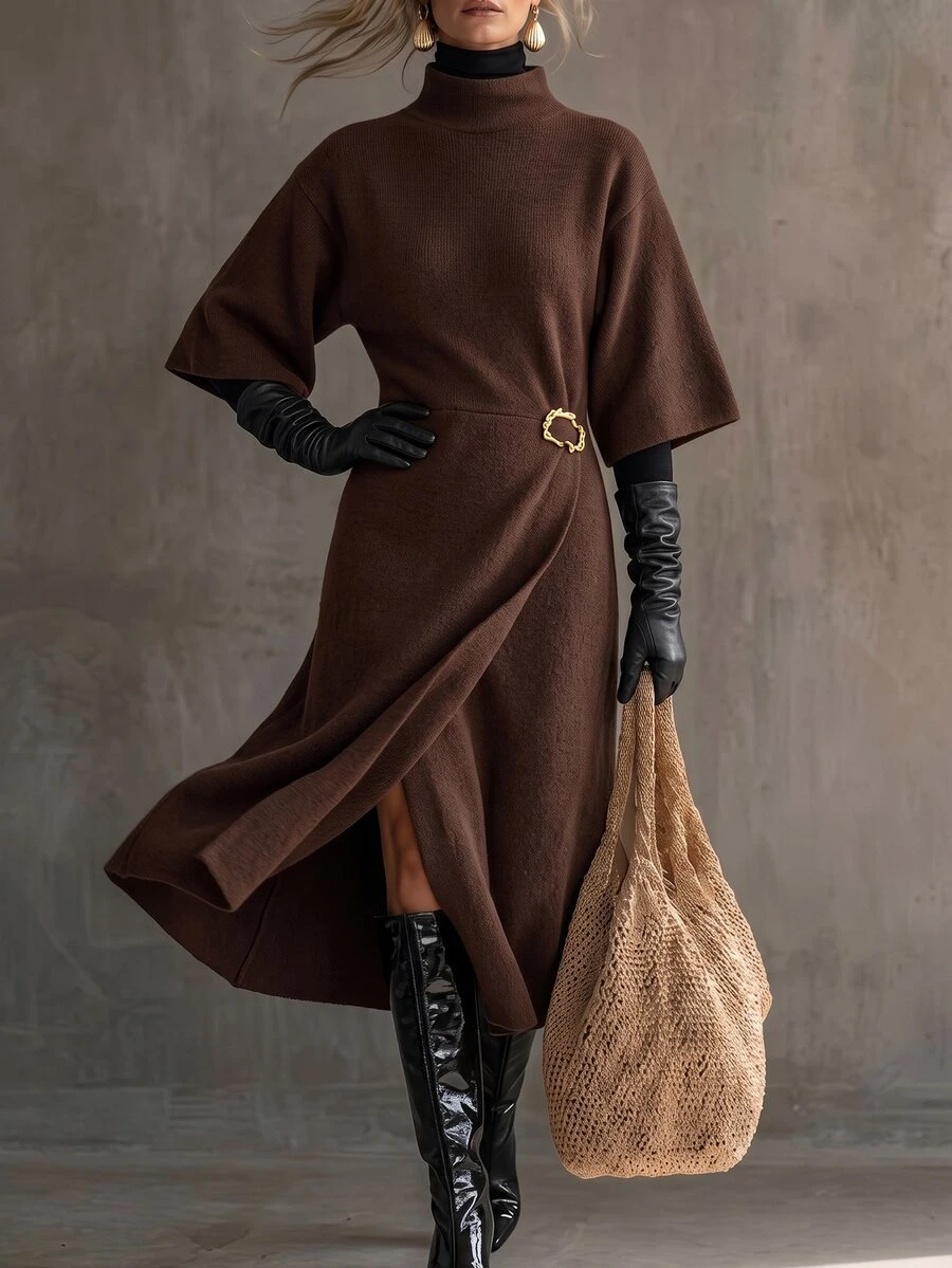 Breezaya Gaun Sweater Wanita Warna Polos dengan Belahan Leher Setengah Tinggi dan Pin Logam di Bagian Bawah - Coklat - View 1