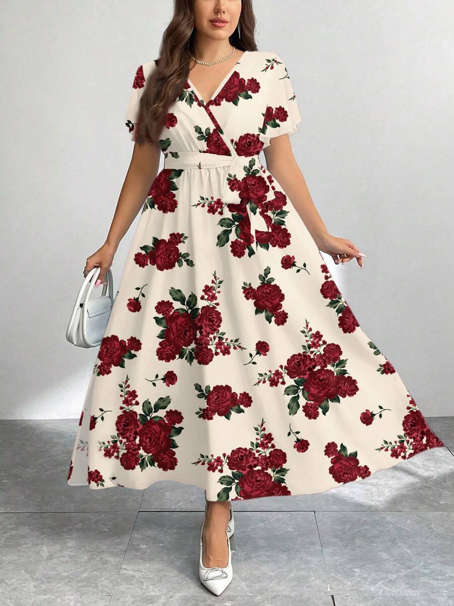 Modelyn Casual Elegant Traditional Vintage Flower Pattern Loose Fit Plus Size Dress Suitable For Summer Boho Going Out Evening Dinner Chic Wedding White
