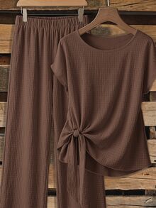 SHEIN Clasi Women's Tie Bow Blouse And Straight Leg Pants 2 Pieces Set, Deep Brown,Summer Outfits For Women - Brown - View 1