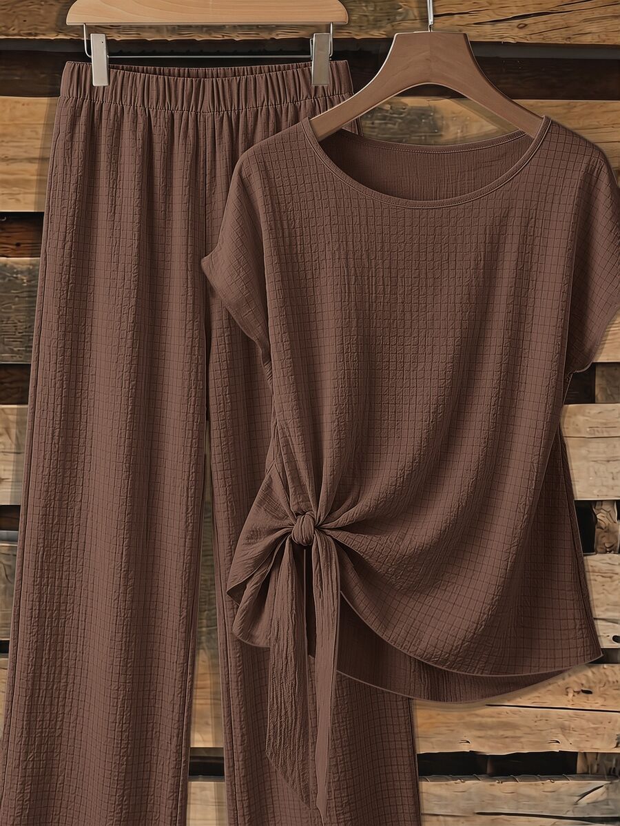 SHEIN Clasi Women's Tie Bow Blouse And Straight Leg Pants 2 Pieces Set, Deep Brown,Summer Outfits For Women - Brown - View 1