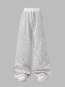 Girls' (Big) Leopard Print Wide Leg Sweatpants, Autumn, Waistband Design, Color Block Patchwork, White Drawstring, Printed Pattern, Loose Fit Long Pants, Sport Yoga Streetwear - Multicolor - View 2