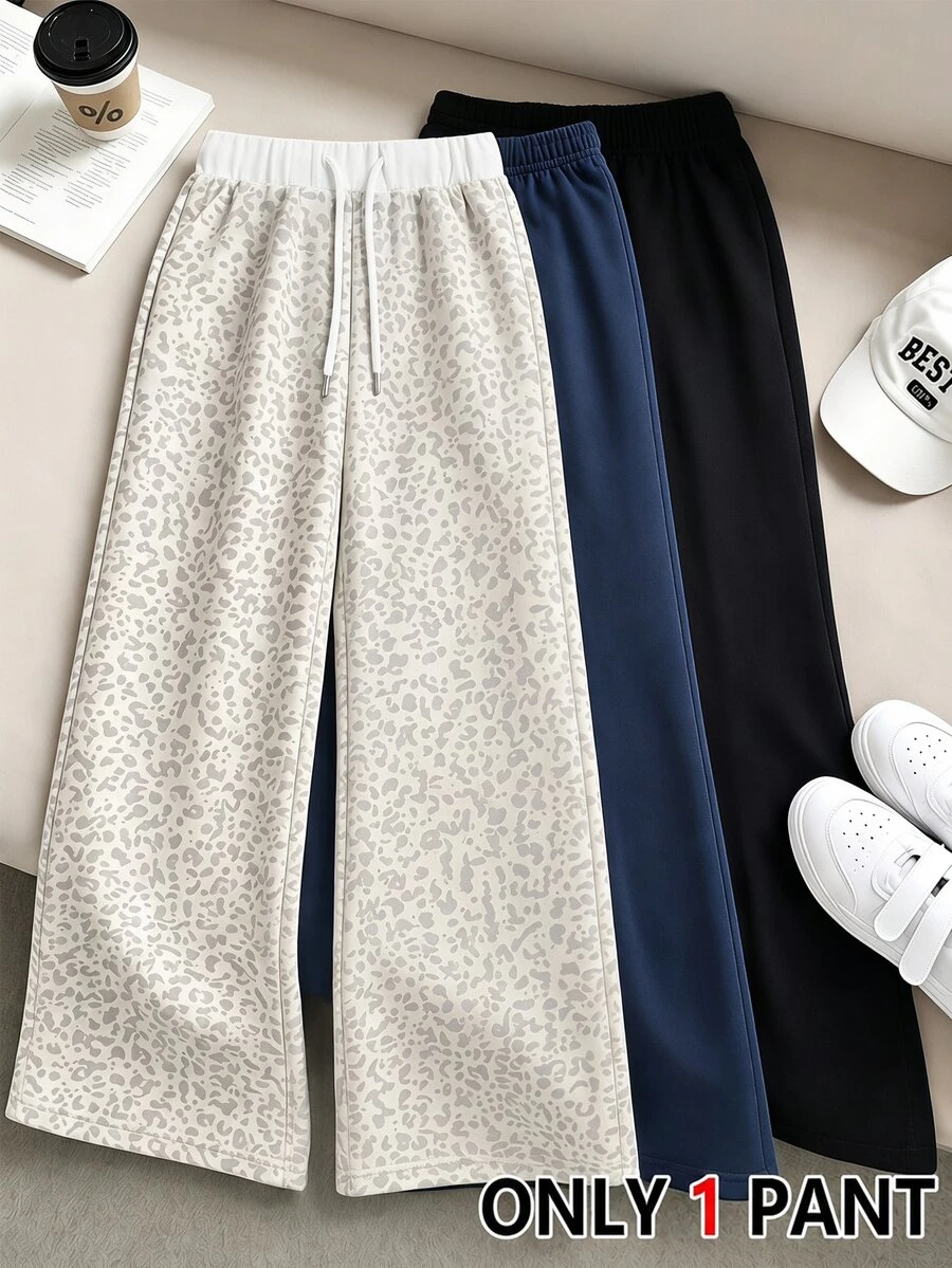 Girls' (Big) Leopard Print Wide Leg Sweatpants, Autumn, Waistband Design, Color Block Patchwork, White Drawstring, Printed Pattern, Loose Fit Long Pants, Sport Yoga Streetwear - Multicolor - View 1