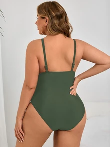 Swim Lushoire Plus Size 1-Piece Black Swimsuit With Waist Ruched Details, Simple Everyday Beach Vacation Swimwear For Women For Summer - Green - View 2