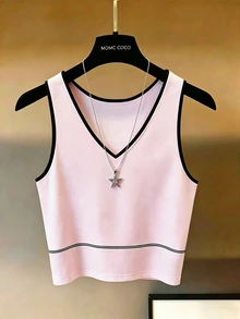 SHEIN LUNE 女士吊带背心，可作外套穿着。白色心形领吊带背心，黑色滚边拼接，适合海滩度假，可爱优雅，叠穿也适合秋冬季节穿着。是国庆节、新年郊游、毕业季、优雅时尚的休闲通勤、商务办公、日常休闲、百搭优雅以及都市教师工作服的理想之选。 - 粉色 - 查看 1